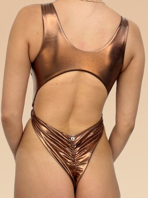 Kenzie Bodysuit - Scoop Neck High Cut Scrunch Bodysuit Bronze