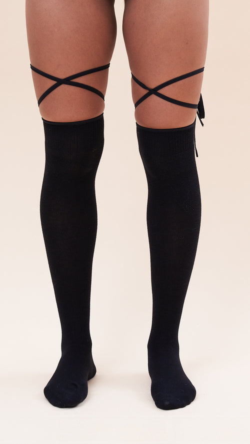 Black Lace Up Thigh High Sock
