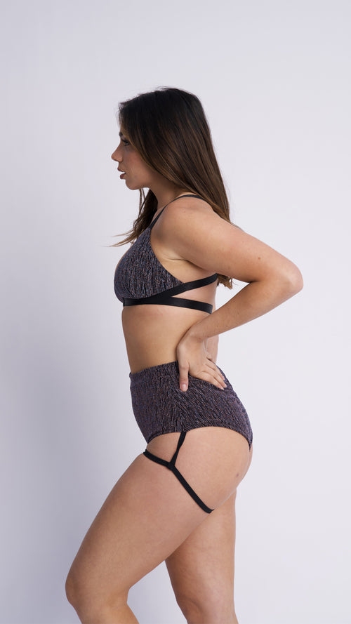 Lure You High Waisted Garter Shorts Blue Rose Gold Shimmer