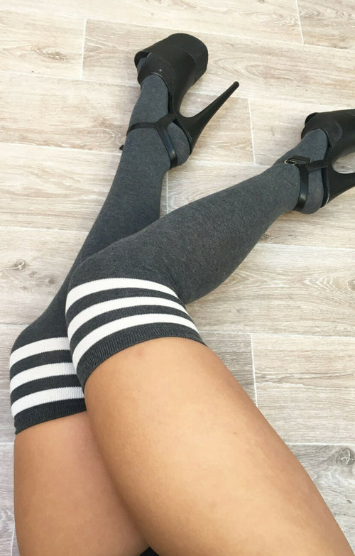 Charcoal Thigh High Socks With White Stripe